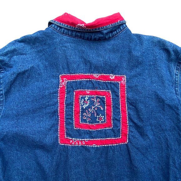 Vintage Denim Patchwork Red Bandana Jean Jacket Western Cowgirl Paisley Rodeo-XL - Picture 9 of 15